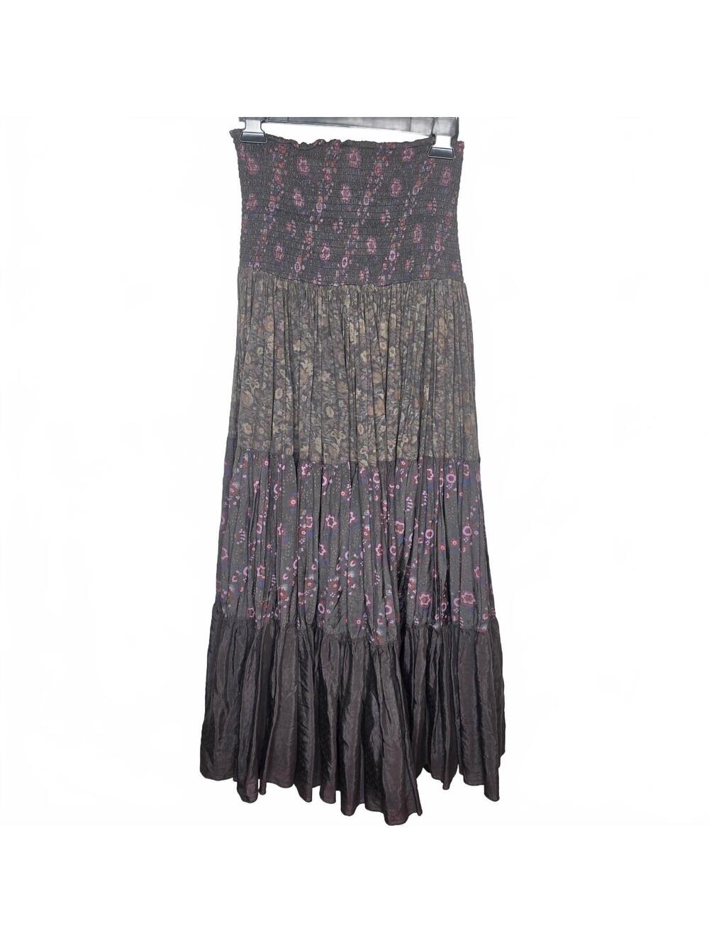***SOLD*Bohemian Brown Tiered Maxi Skirt Rayon Floral Print Size S/XS